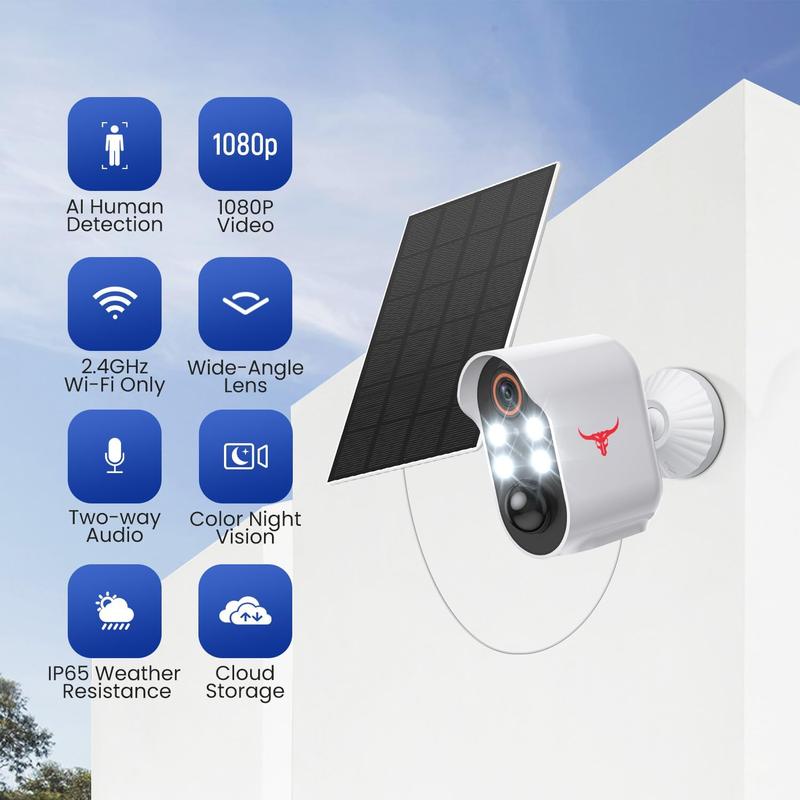 Uk Stock 1080p Wireless Solar Security Camera with 4 Spotlights for Indoor Outdoor Use, AI Human Detection, Live View, 2-Way Talk, Night Vision, 2.4G WiFi Only, Cloud Storage 1