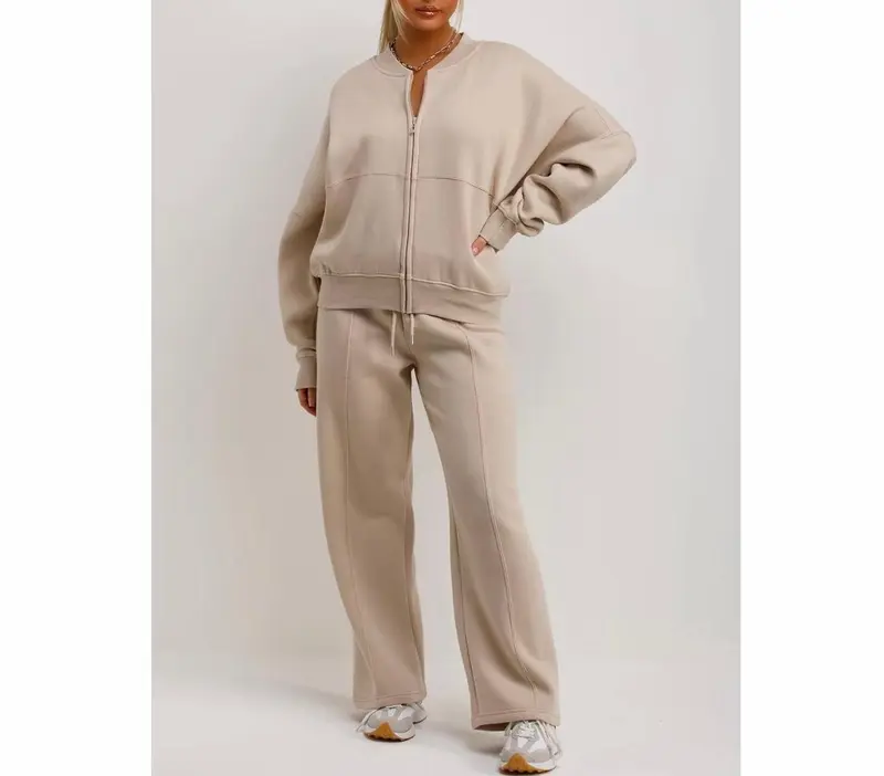 Bomber Sweatshirt With Zip And Joggers Loungewear Set Oatmeal Womenswear 0