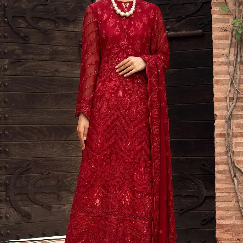 FARASHA RED CRIMSON CHIFFON SUIT PAIRED WITH CAPRI TROUSERS EMBROIDERY CHIFFON DUPATTA 5