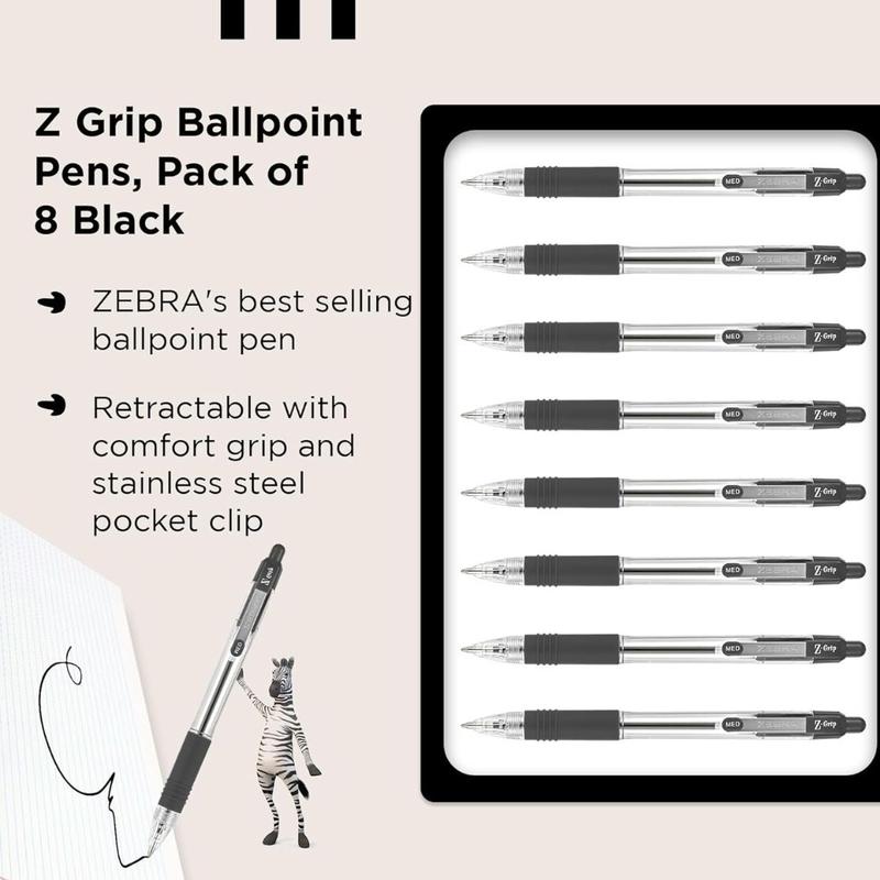 Z Grip Black Ballpoint, Pens with Pocket Clip 8pk, Reliable Black Biro Pens Multipack for Everyday, New Pack Size 8pk 1