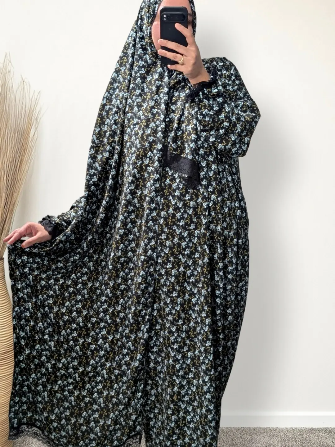 Black Ditsy Floral Prayer Abaya with Pockets, Custom Attached Scarf & Tailored Length Option - Ookti Handmade Modest Muslim Women Clothing