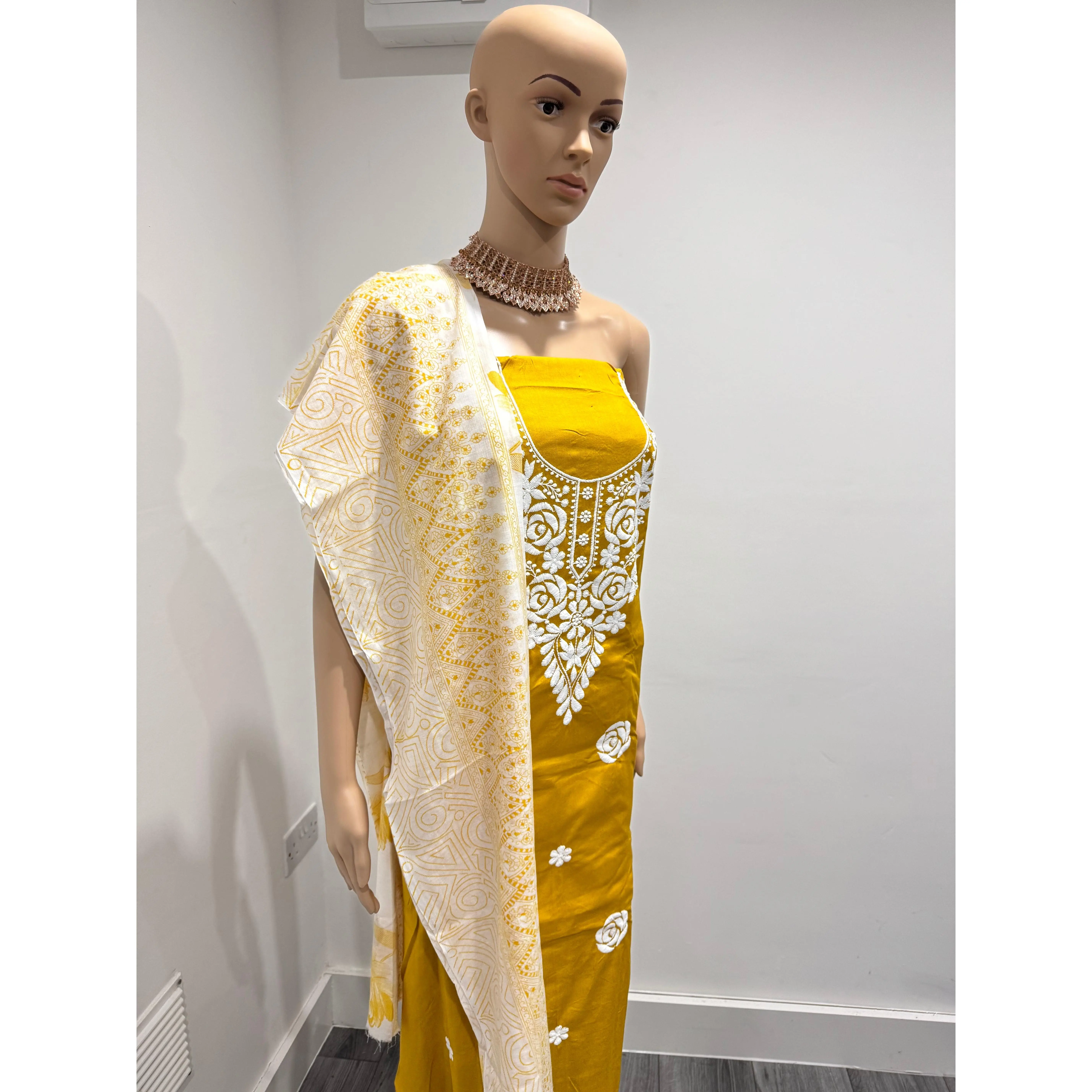 Yellow Puja Three Piece Suit Roman Semi Stitched Material