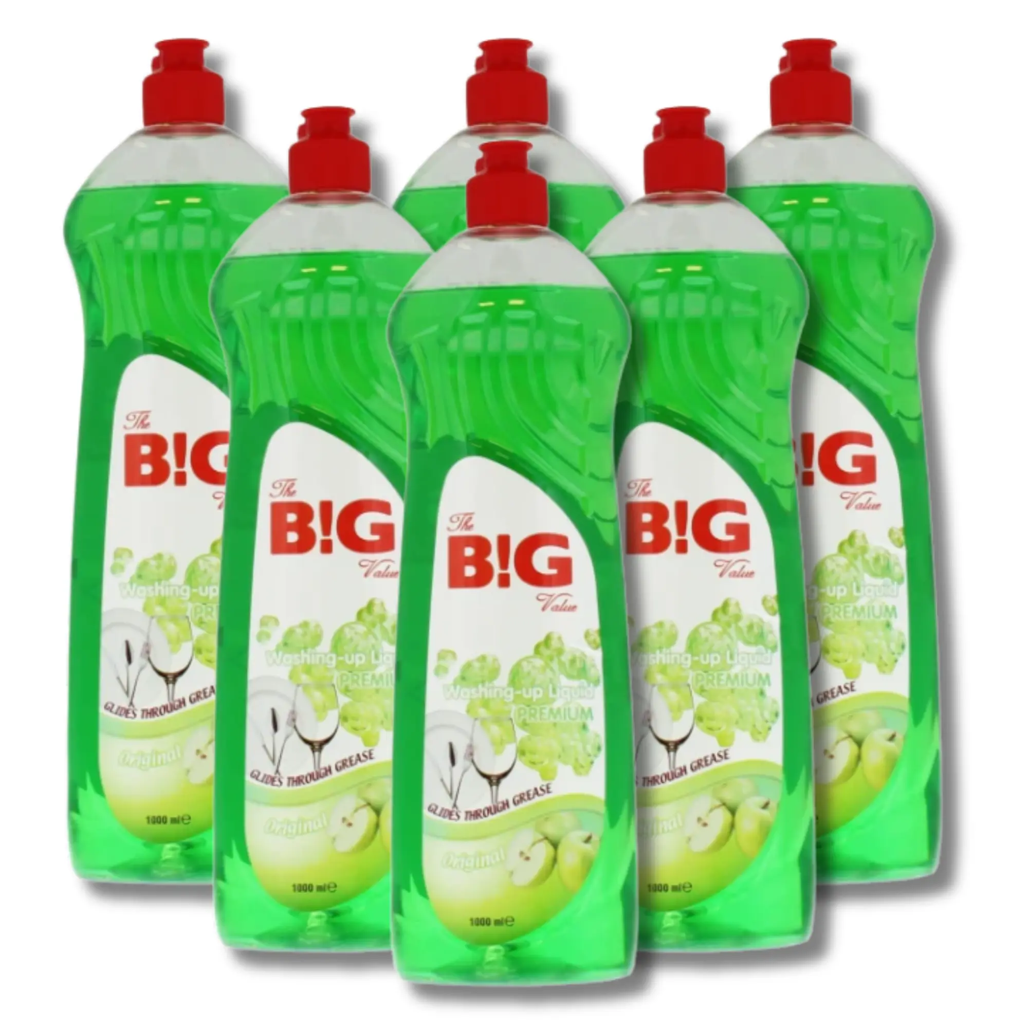 6 x 1L The Big Value Premium Washing-Up Liquid Apple - Glides Through Grime and Grease, Perfect for at Home, Work or Commercial Kitchens - 6 Litres Total