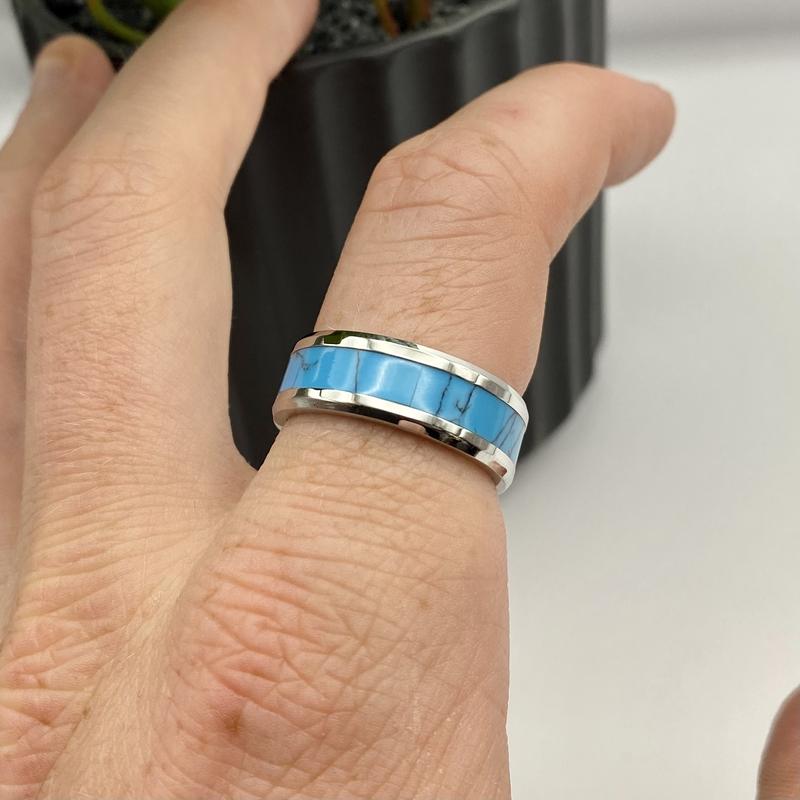 Turquoise Band ring - Stainless Steel Ring - Silver Turquoise Unisex Ring - Aqua Blue Stone Band - Greek Stainless steel Ring - Titanium Sea Marble ring - Steel Coloured Abalone Ring - Gifts for men 5