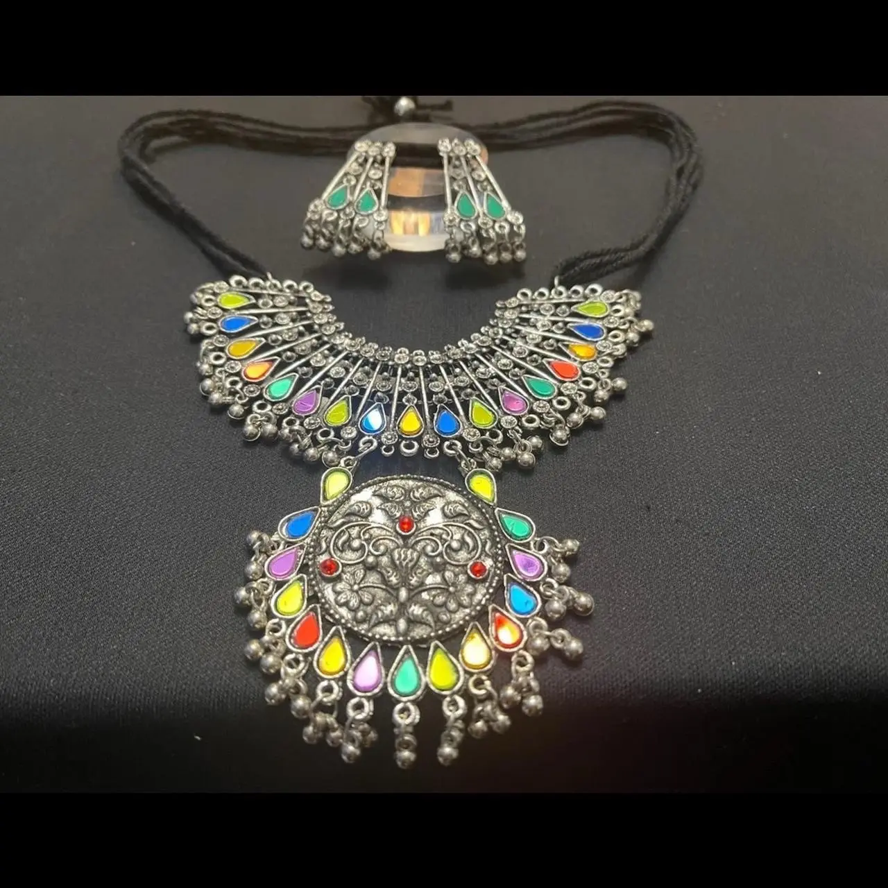 Indian Oxidised Silver Jewellery Set - Necklace & Earrings in Asian Indian Pakistani Aghnani Style for Women
