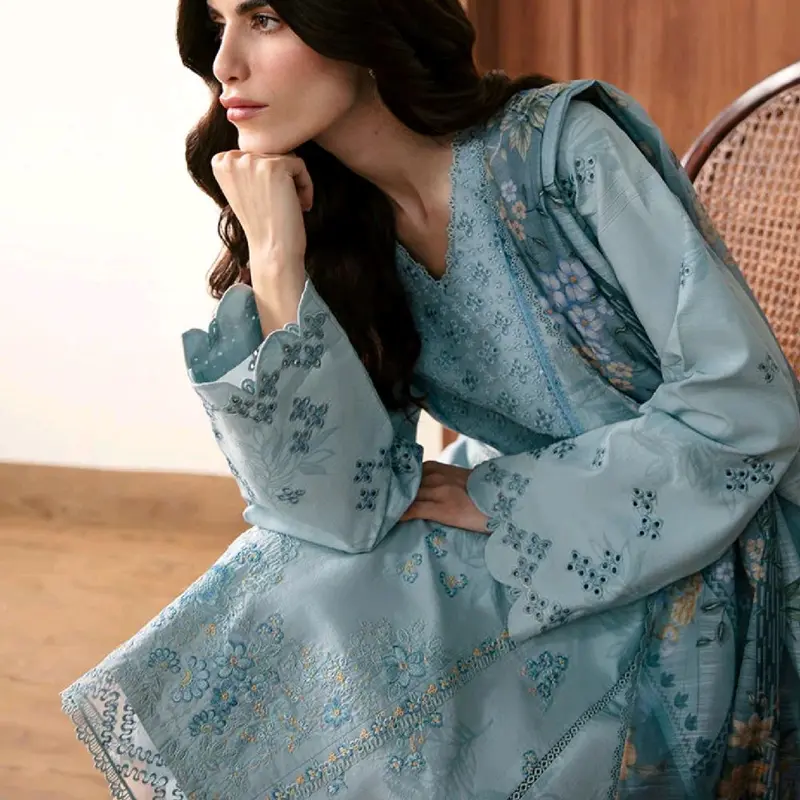 WomenRepublic Calendula Dress in Stone Blue with Self Jacquard and Monar Silk Dupatta Embroidered Casual Printed Summer 100% ORIGINAL 2