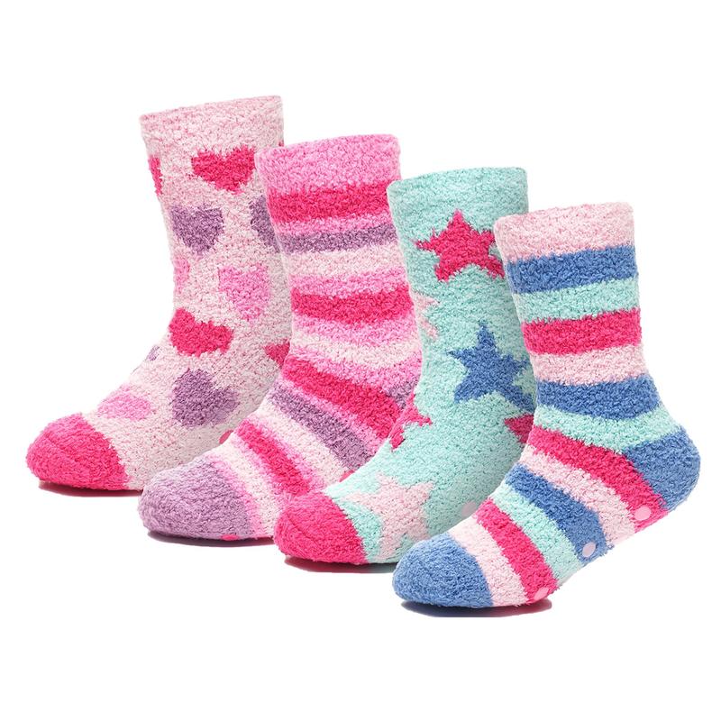 A2Z 4 Kids Girls Cosy Socks with Non-Skid Gripper Pack of 2 Super Soft Fluffy Slipper Socks for Warm Winter Comfort Hearts, Stars & Stripes Soft Warm Socks 0