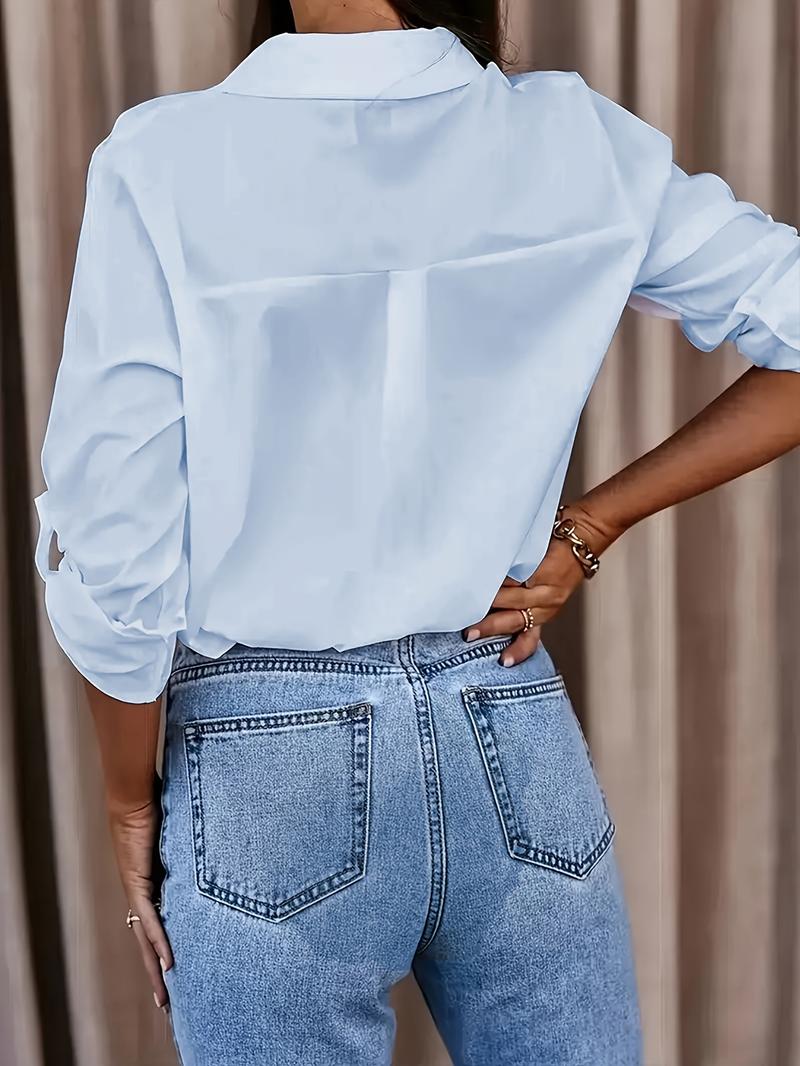 Product Introduction of Solid Button Front Shirt, Casual Turn Down Collar Office Work Shirt, Women's Clothing 23