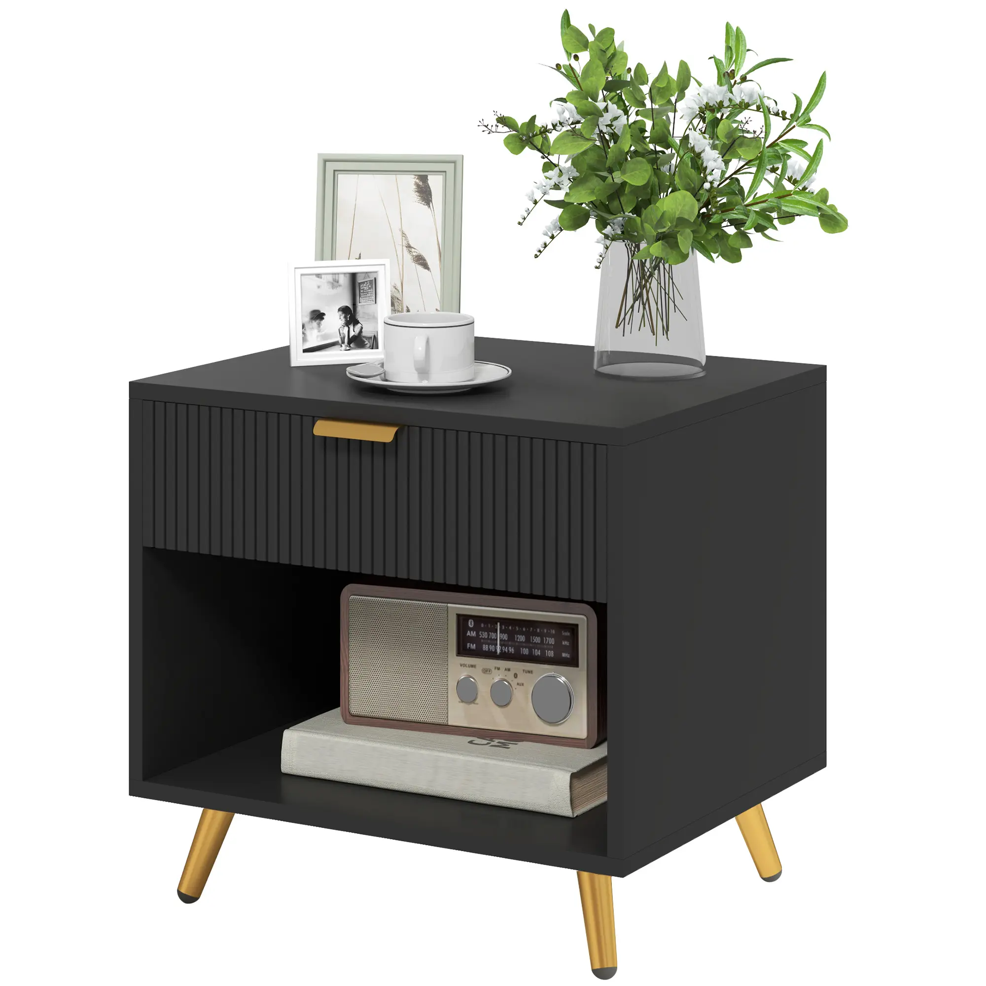 HOMCOM Bedside Table, Bedside Cabinet With Drawer and Open Compartment, Nightstand With Handle for Bedroom, Living Room