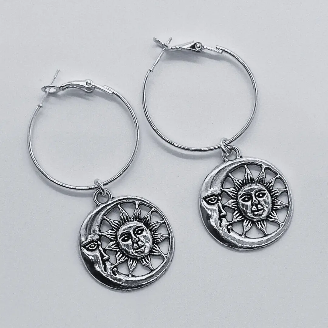 Silver Sun and Moon Charm Hoop Earrings