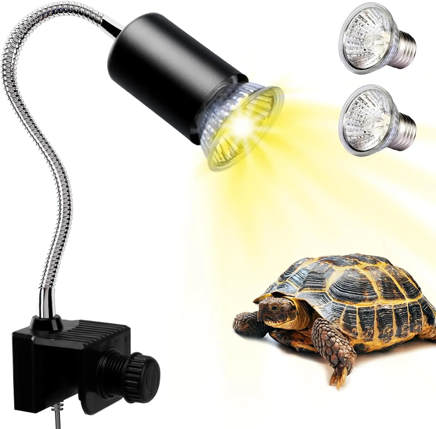 Tortoise Heat Lamp, UVA UVB Light Reptile Kit for Terrapin Tank Vivarium, with 2*50w Basking Bulb and 360° Swivel Clamp Stand for Tortoise, Snake, Frog, Lizard, Chicks. Halogen, Yellow Light [Energy Class A]