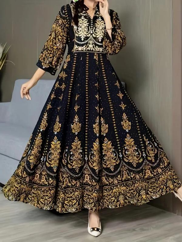 ONE SIZE 3/4 Sleeve Maxi Dress - Elegant Floral V-Neck, Flowy Swing Design - Perfect for Spring Vacations & Summer, Women's Fashion, Pakistani dress, Indian dress, Bangladesh dress, Afghanistan dress, Asian dress, Middle East Dress, Party dress, gift 1