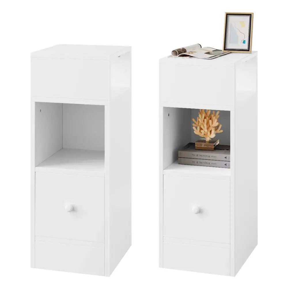 2Pcs Bedroom Bedside Table with 2Open Shelves 1Drawer 25x66x30cm Slim Small Storage Cabinet Nightstand Space-Saving Home Decor
