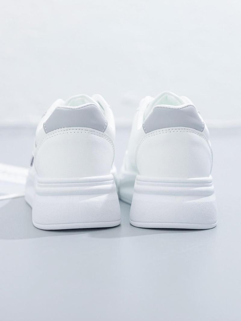Product Introduction of Women's Fashion Plain Lace Up Front Low Top Skate Shoes, Casual Lightweight Breathable Comfortable Patched Design Sports Shoes, White Sneakers for Daily Wear Running Runner Training Trainer Walking Shoes Closed Athletic Footwear 15
