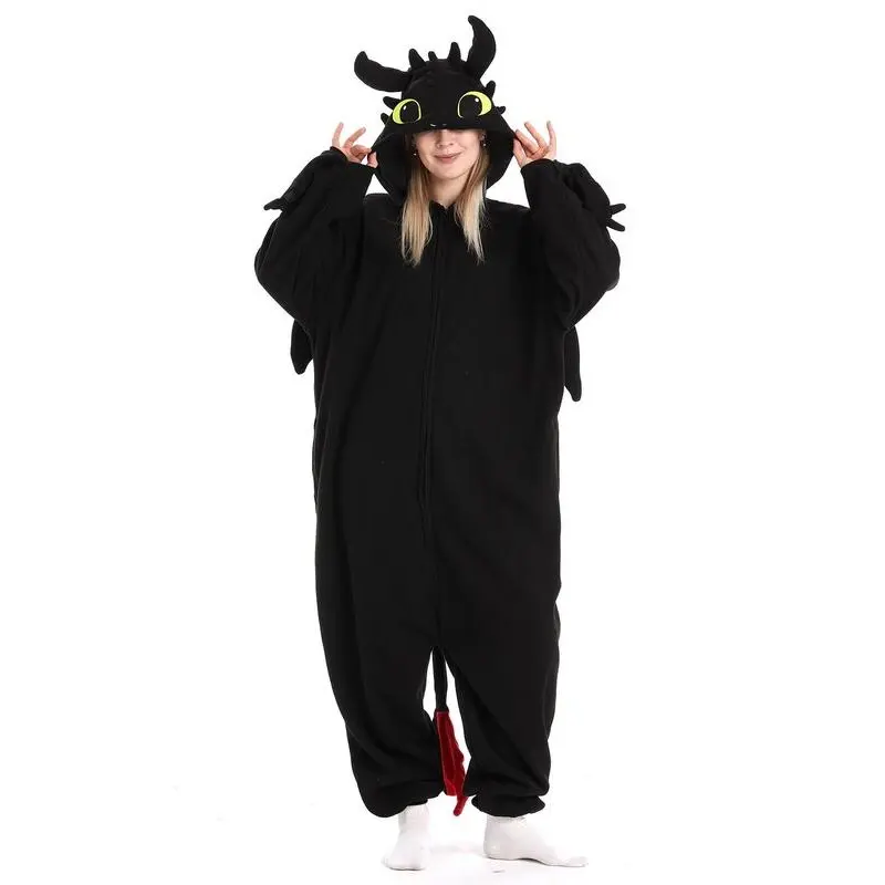 Unisex's Dragon Pattern Drop Shoulder Zipper Polar Fleece Jumpsuit, Cute Long Sleeve Pocket Halloween Party Costumes for Women & Men, Unisex's Dragon Toothless Onesie Pajamas Clothing for Fall & Winter 4