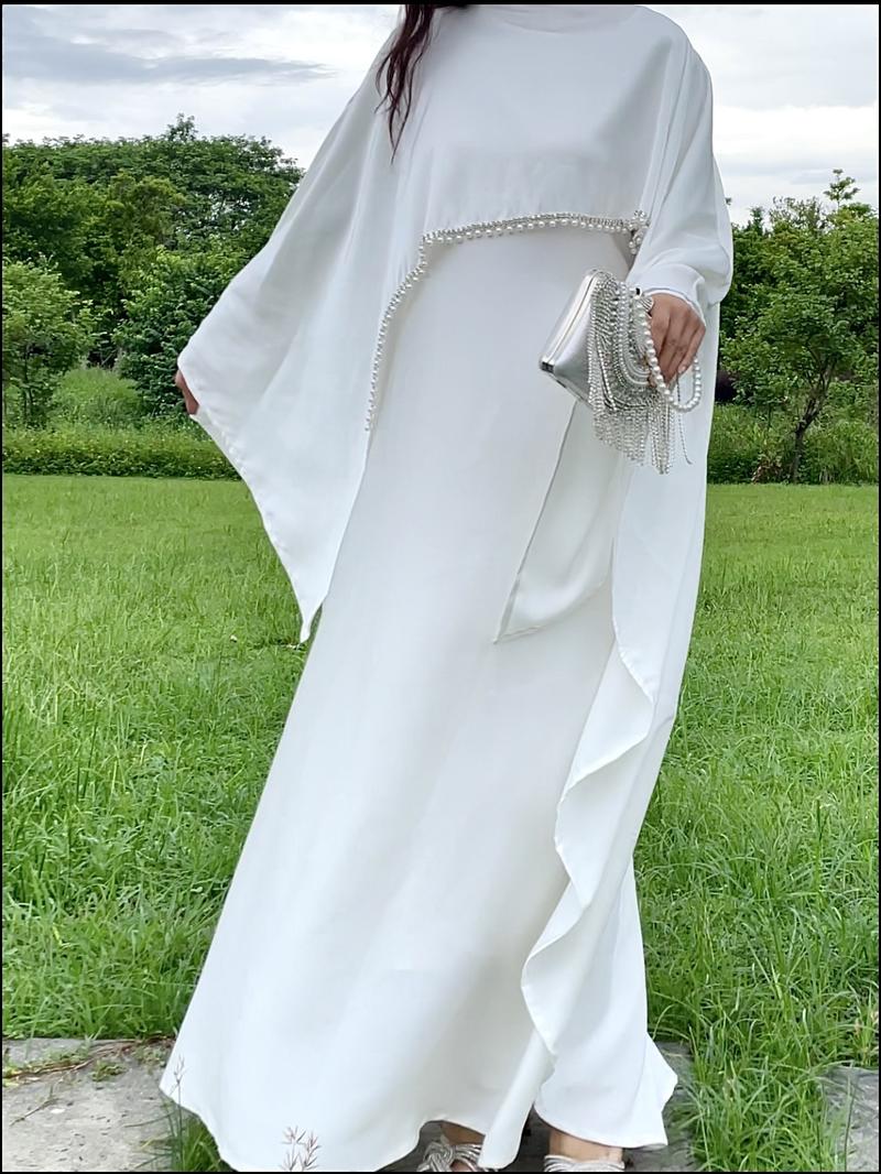 Product Introduction of 2025 Ramadan Promotion Two- piece Satin cape elegant dress , occasion abaya , Modest dress with pearl and crystal 28