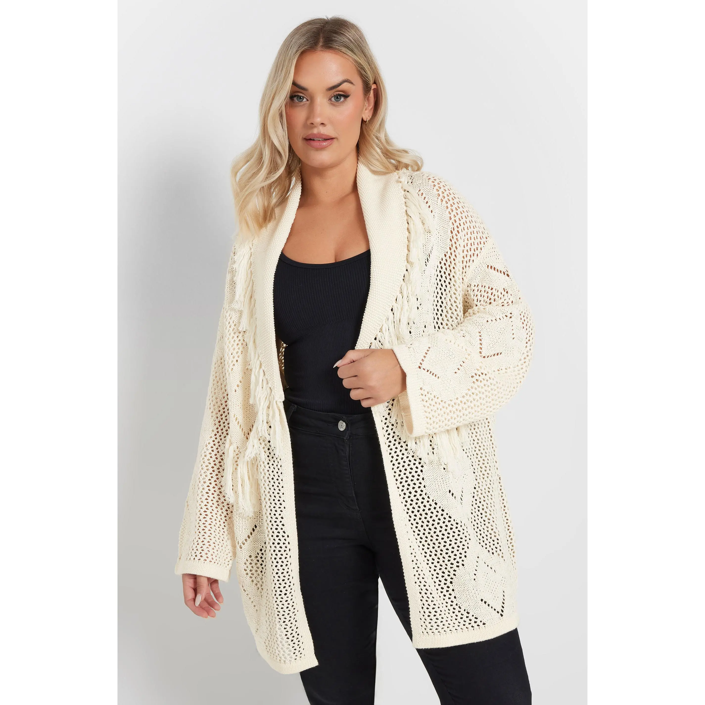 YOURS Curve White Fringe Crochet Cardigan