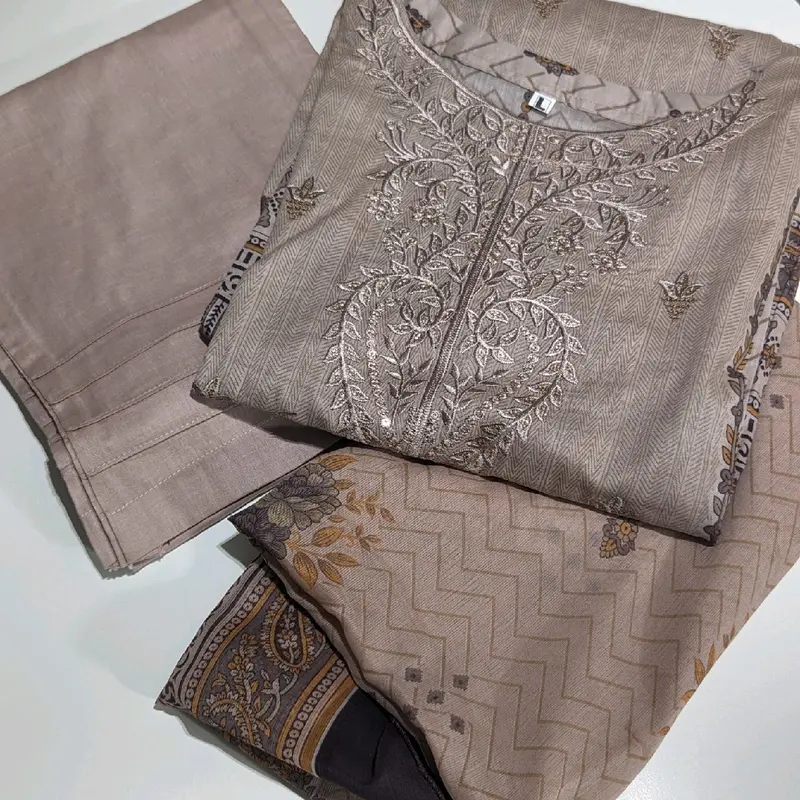 Beautiful Lawn Embroidery 3pc Suit, Baige, with Chiffon Scarf and trouser. Comfort Womenswear Overalls 5