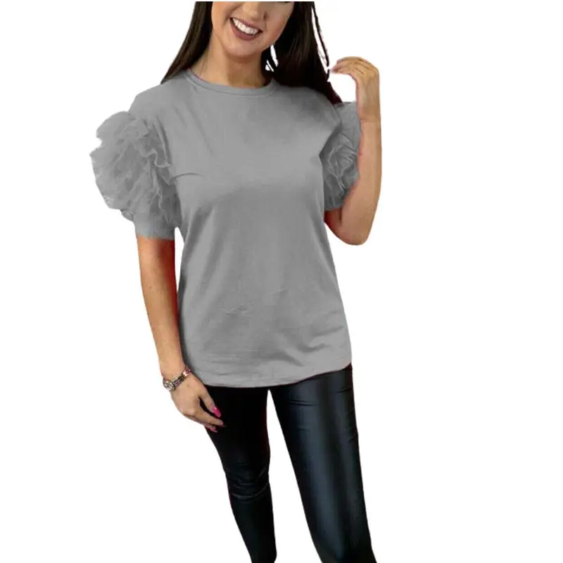 Womens Ladies Tulle Scoop Neck Frill Mesh Puff Short Sleeve Party Tee TShirt Top 7