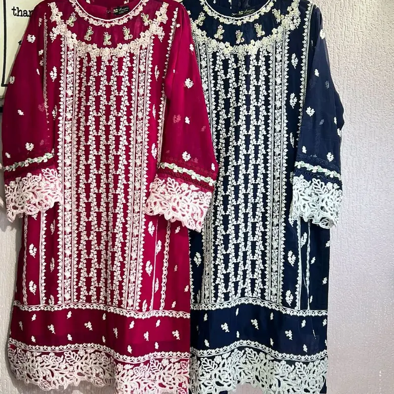 Aghanoor inspired 3pc fully heavy embroidered Chiffon Dress with silk trouser.. 2