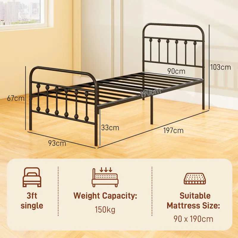 HOMCOM 3ft Single Bed Frame with Underbed Storage, Metal Platform Bed frame with Tall Headboard, Footboard and Steel Slat Support, No Box Spring Needed, Easy Assembly, Black 2
