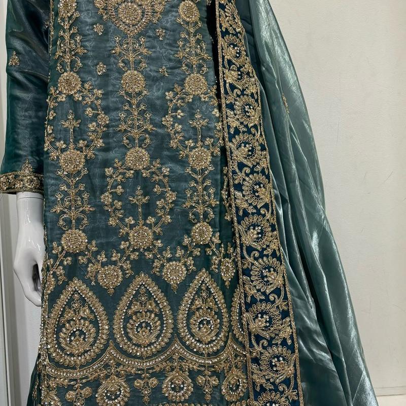 Teal colour Embroidered Farshi Lengha Suits for Women - Gul Wedding Collection (3 Pieces) - Traditional, 8