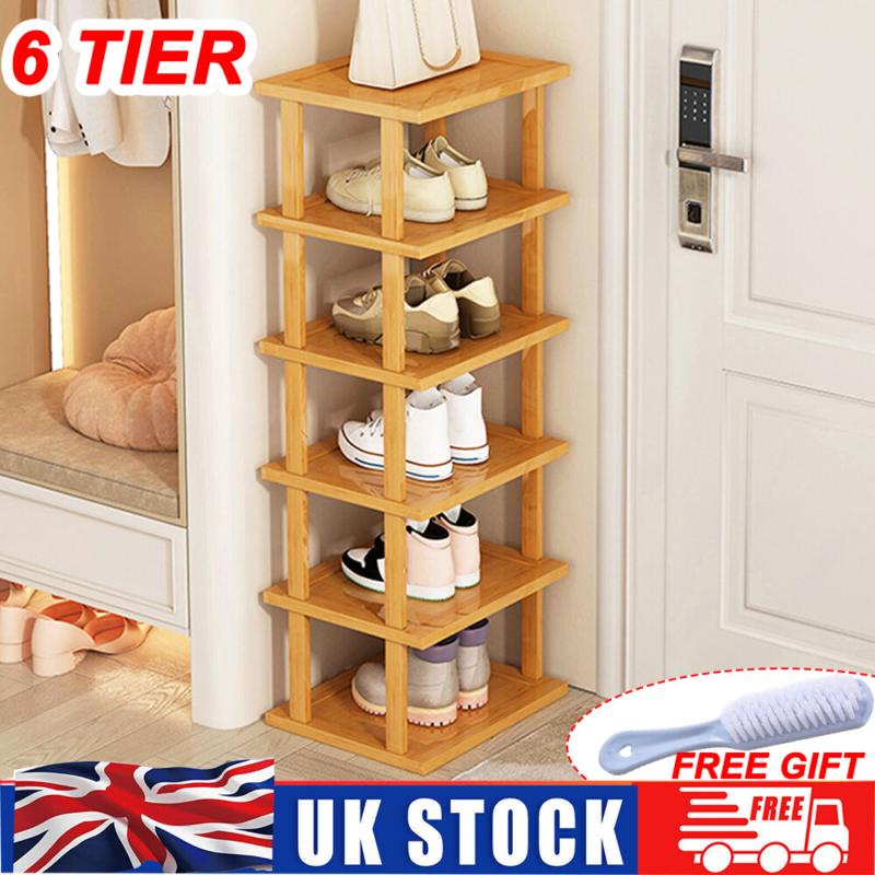6 Tier Vertical Shoe Rack Tall Narrow Shelf Storage Organizer Slim Shoe Tower UK Bamboo Metal 1