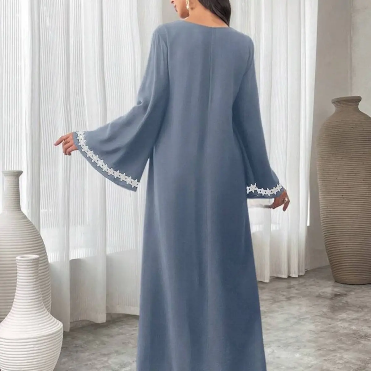 Najma Women's Patchwork Ribbon Flared Sleeve Long Loose Turkish Maxi Dress