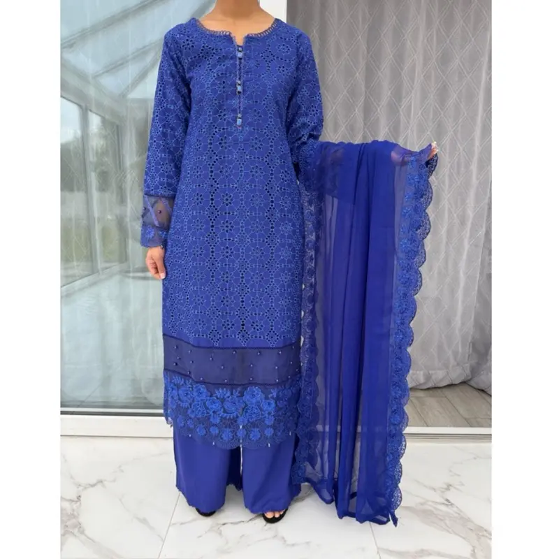Embroidered Linen Chikan Kari kameez with embroidered chiffon dupatta and plazo/Farshi shalwar - Womenswear 1