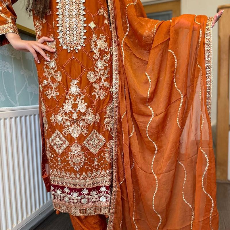 Inspired by Agha Noor Chiffon Fully Embroidered Dress Diamanté Work and Thread Work. Pakistani Womenswear 5