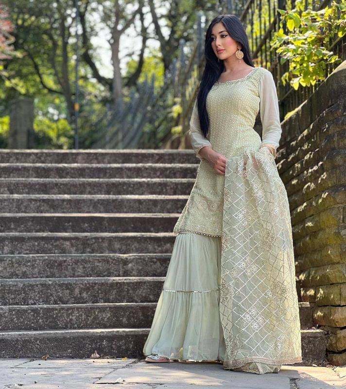 Traditional and Elegant Designer Faux Georgette Fabric Heavy Dress Plazzo with Dupatta For Women Elegance Garment 1