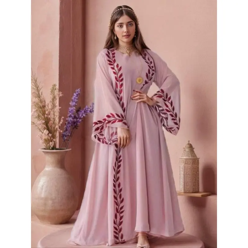 Arabic Clothing-Leaf Embroidered Bell Sleeve Chiffon Maxi Arabian Dress with Hijab, Elegant Long Kaftan Dresses Loose Abayas, Muslim Dress Islamic Clothes open  abayas