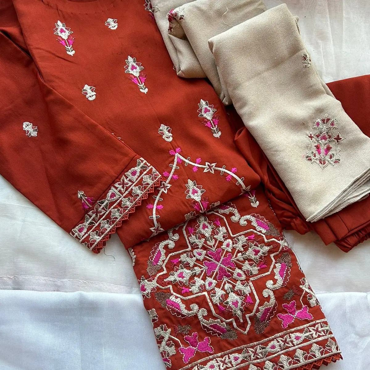 Orange Embroidered 3Pc suit