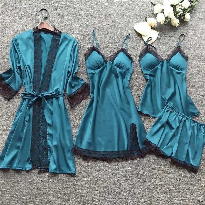 Sleepwear Silk Women Nightdress Lace Dress Robe Pajamas Set Satin Underwear for Women Full Coverage Negligee Lingerie Sexy