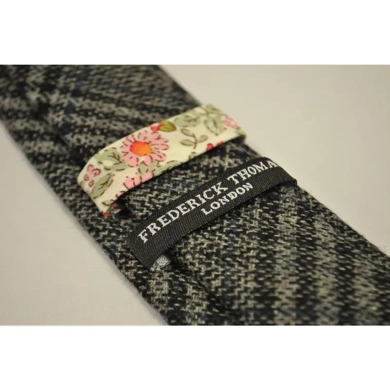 grey, black and navy check tweed wool skinny tie 3