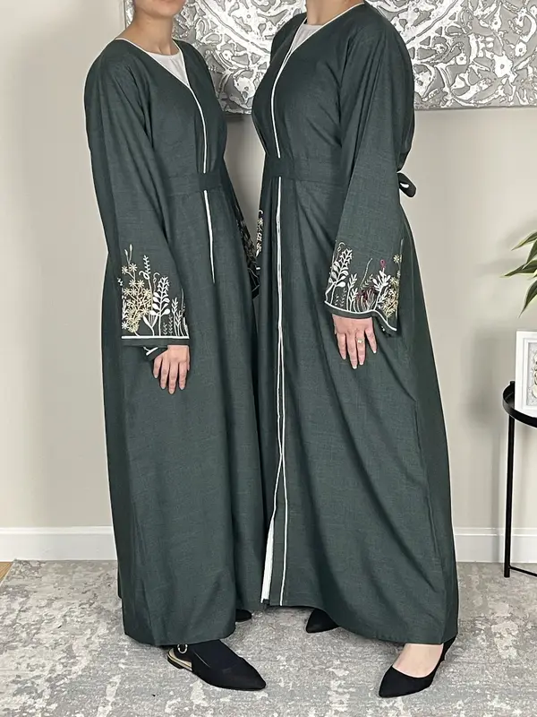Forest Green Open Linen Abaya with Embroidered Sleeves 4
