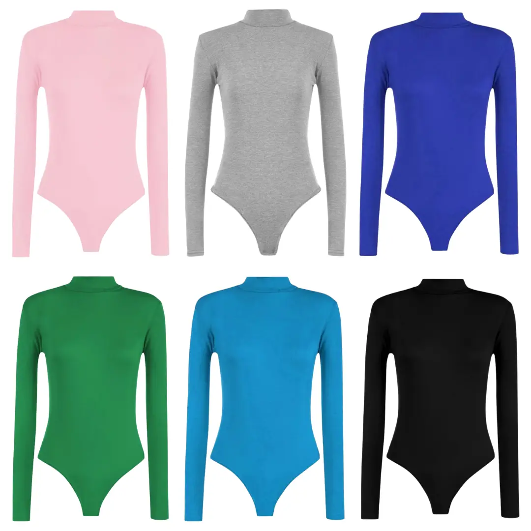 Womens Turtle Polo Neck Bodysuit Leotard Ladies Long Sleeve Top 8-26 UK