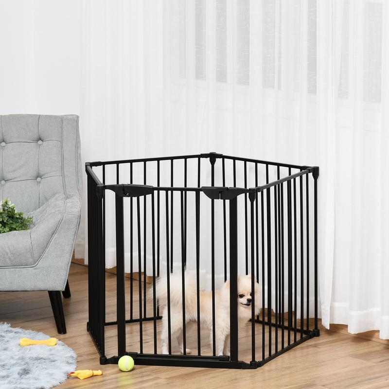 PawHut Pet Safety Gate 5-Panel Playpen Fireplace Christmas Tree Metal Fence Stair Barrier Room Divider with Walk Through Door Automatically Close Lock 1