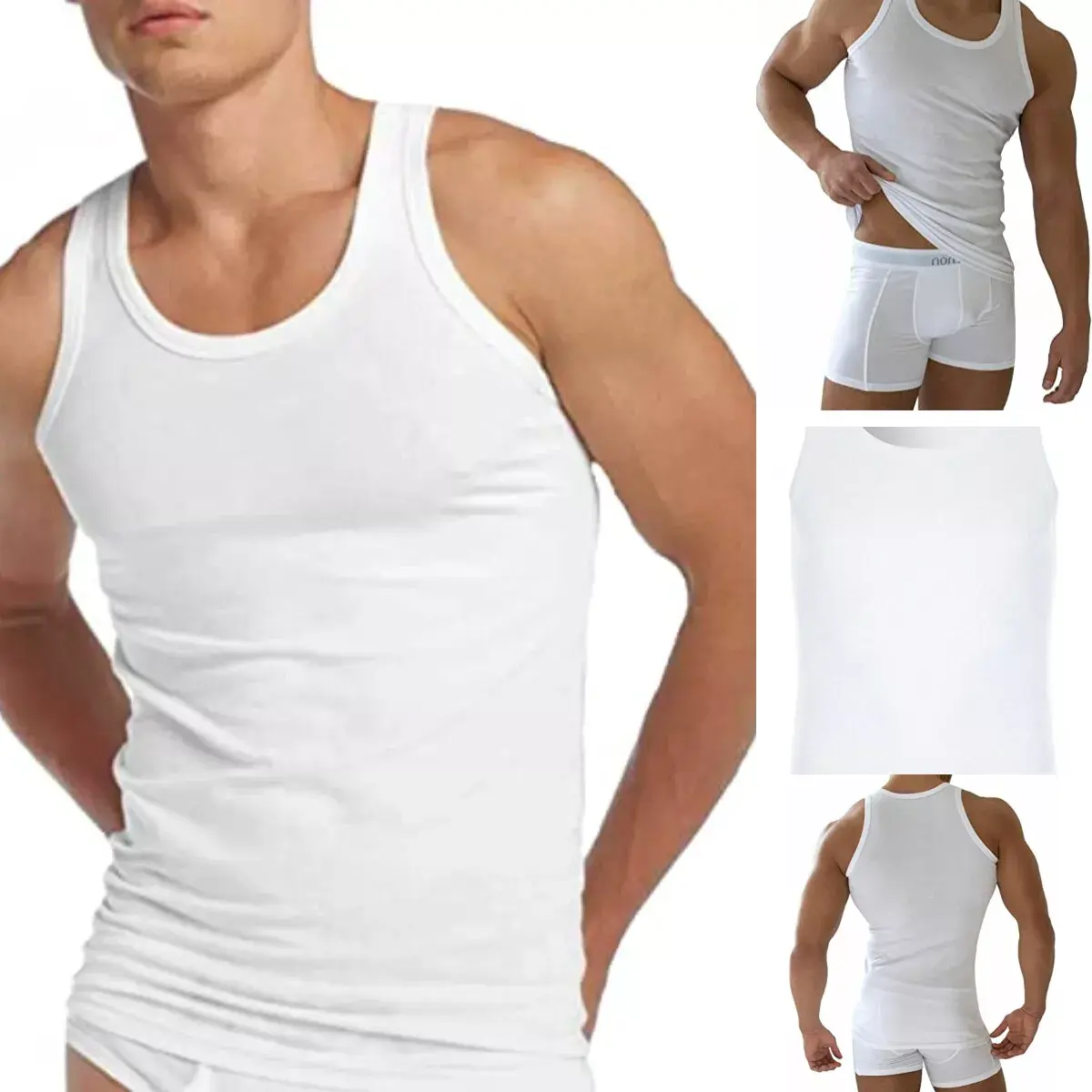 Men Plain White 3 Pack Rich Organic Cotton Single Jersey White Tank Top Vest Sizes S-5XL Big Medium