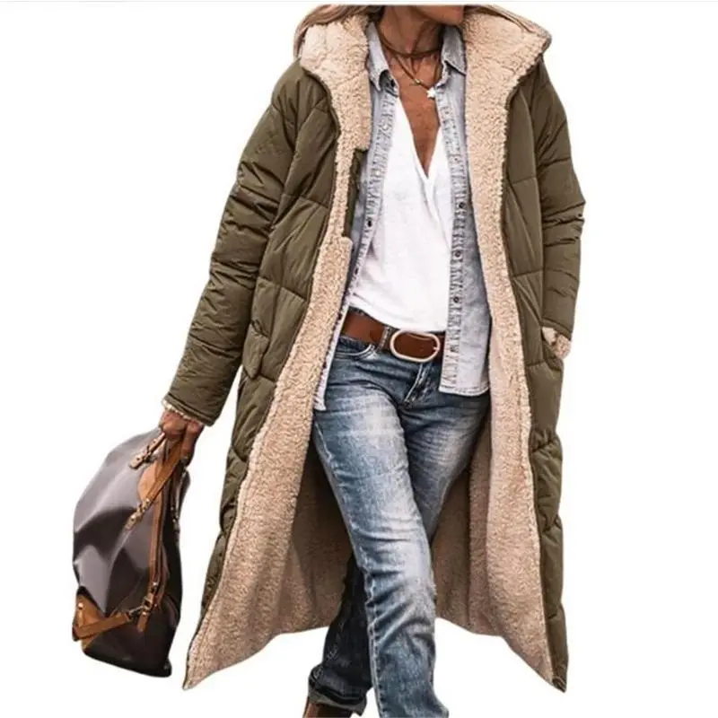 Winter Hooded Quilted Jacket For Women Solid Reversible Long Sleeve Thick Coat Warm Fashion Long Outerwear Casual Puffer Coats Womenswear Tops