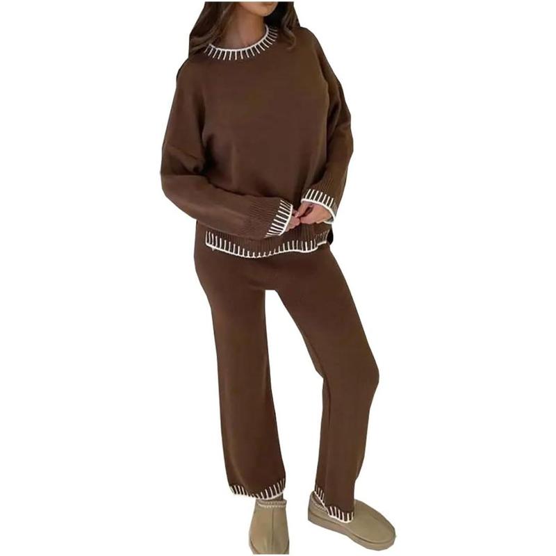 Womens Knitted Lounge Wear Ladies Wide Leg Palazzo Top Tracksuit 2 Pcs Co Ord Set 3
