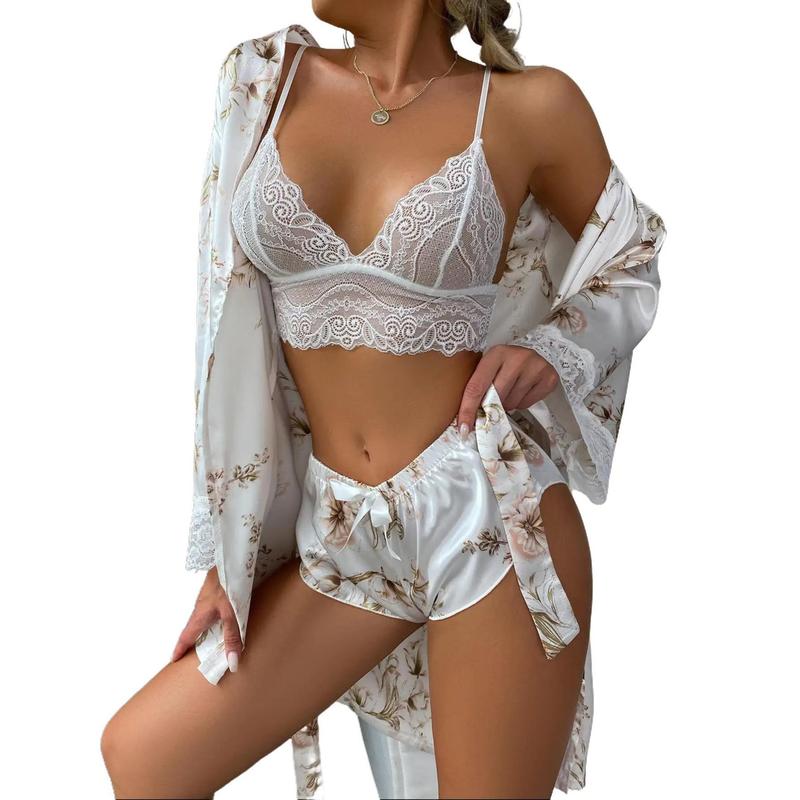 Hot Sale Women's Nightgown, Sexy Lace Cardigan Home Wear, Bathrobe Pajamas Three Sets Loungewear Nightwear 0