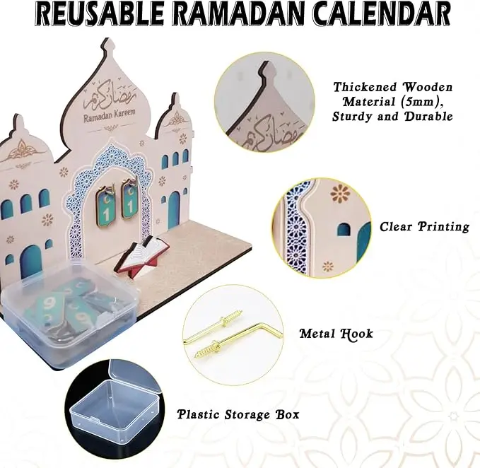 Ramadan Advent Calendar, Ramadan Countdown Calendar for Kids, Wooden Ramadan Calendar Ornaments Decorations for Home, 30 Day Islamic Advent Calendar Ramadan Eid Decorations 4