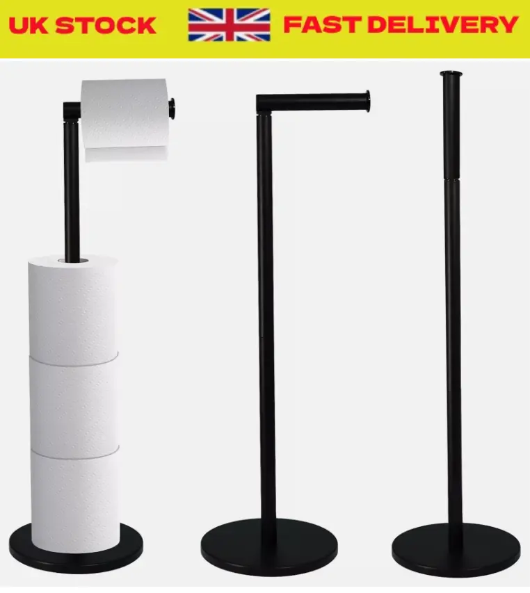 2 in 1 Toilet Paper Holder Black Bathroom Free Standing Tissue Roll Storage Rack