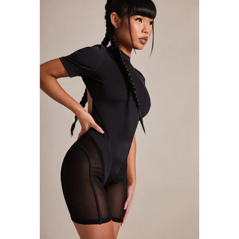 Black High Neck Mesh Panelled Unitard Playsuit 1