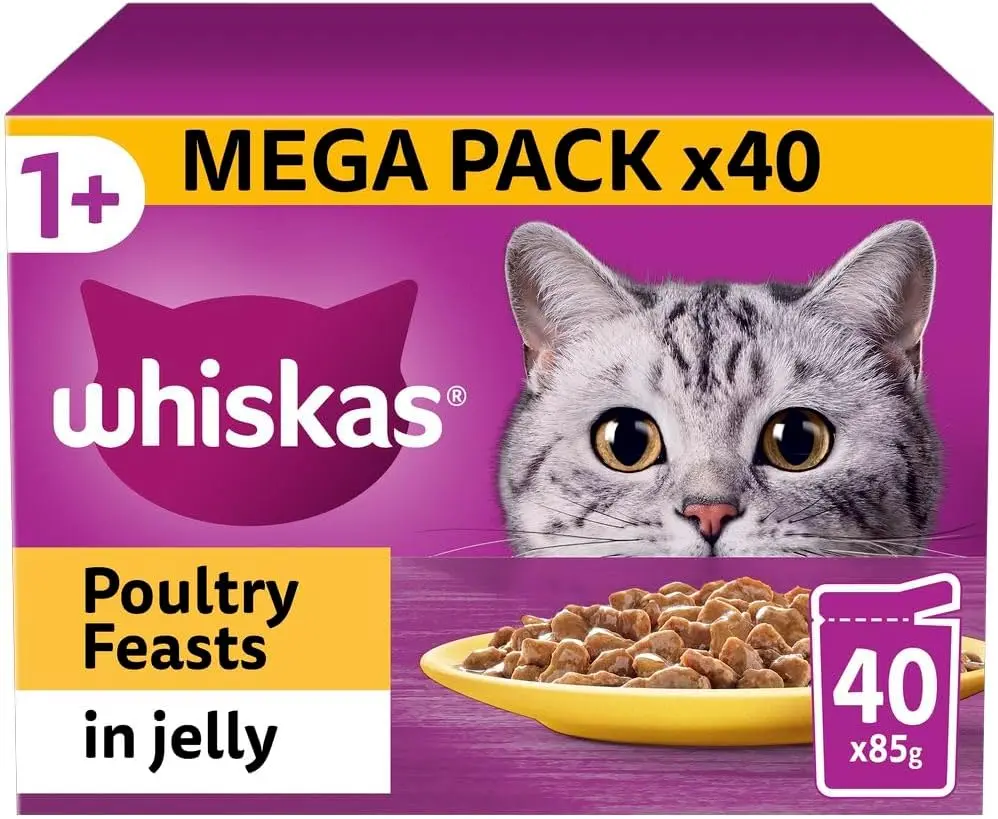 Whiskas 1+ Adult Poultry Selection in Jelly 40 Pouches, Adult Wet Cat Food, Megapack (40 x 85 g)