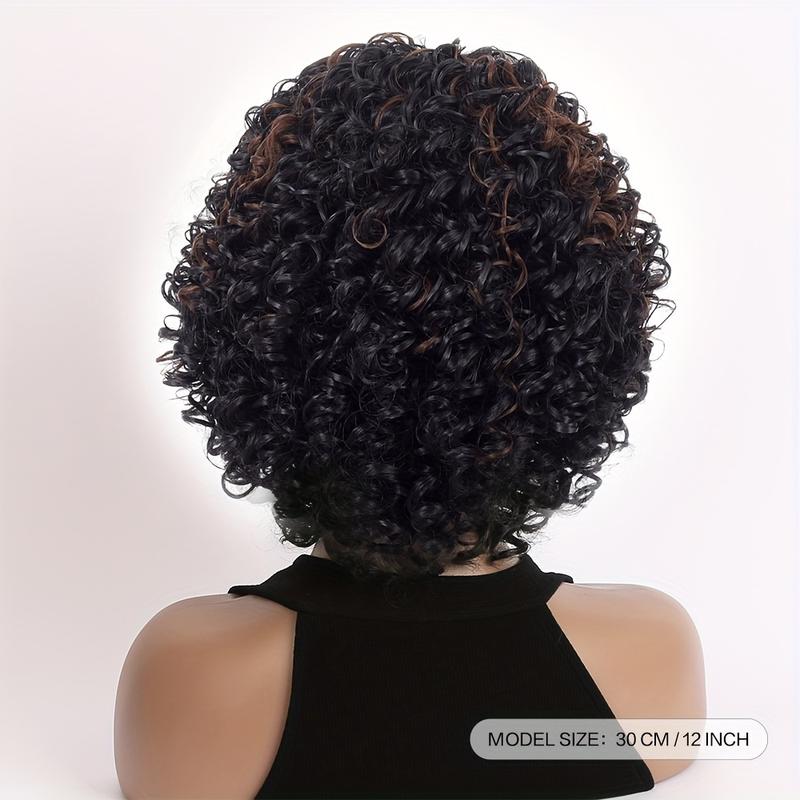 Elegant Afro Curly Kinky 12-inch Short Wig for Women, Elastic Cap, 130% Density, High Temperature Fiber, Natural Black and Brown, Heat Resistant Synthetic Hair Replacement for Daily Wear, Festive Outfits, and Parties 3