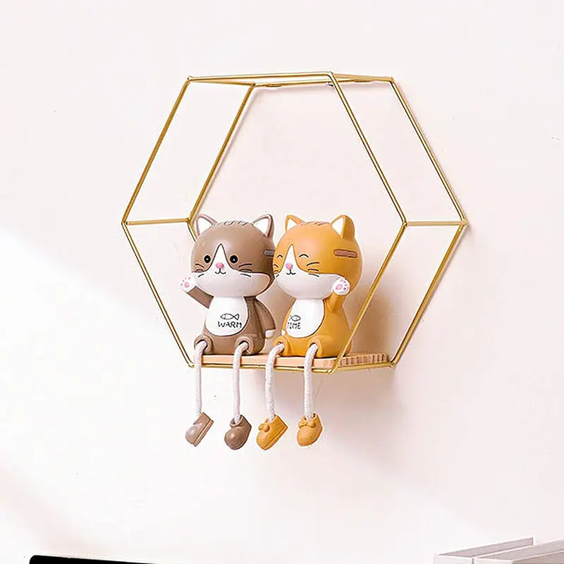 Set of 3 Metal Hanging Storage Shelves, Geometric Hexagon Shaped Wall Mounted Floating Shelves for Bedroom Bathroom Decor (Gold) 3