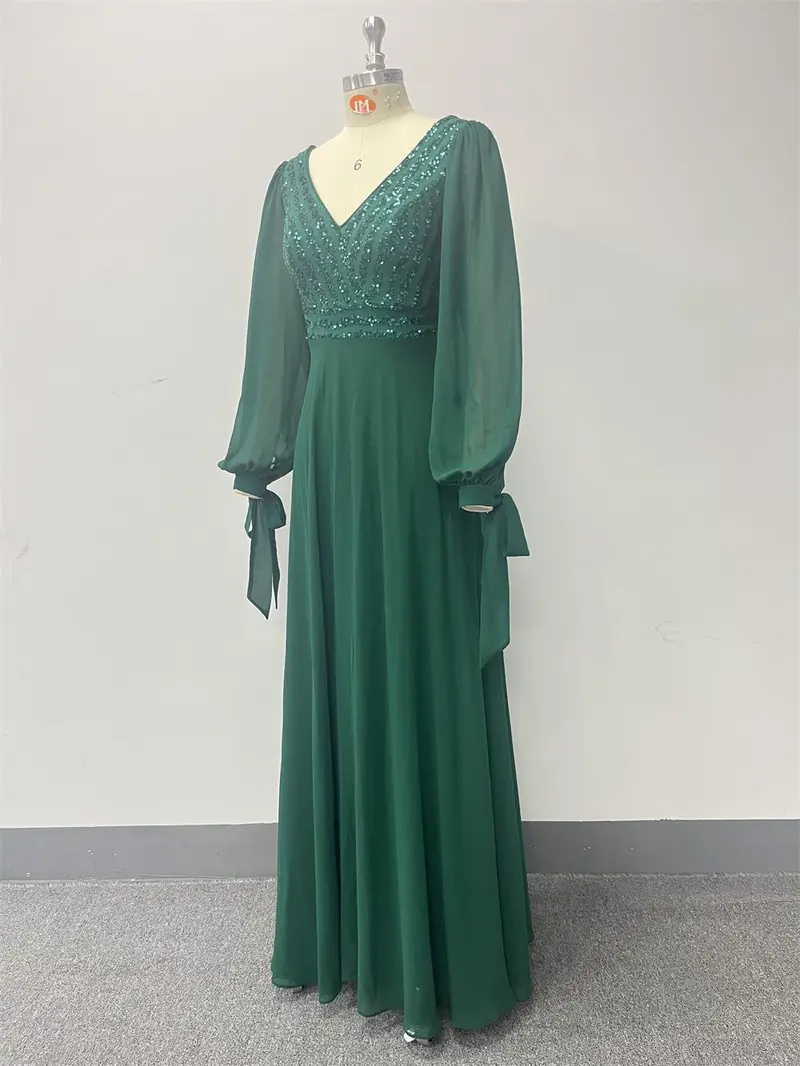 Product Introduction of New long-sleeved lace-up high-quality double V-neck bead splicing chiffon A-shaped large pendulum fully lined party evening dress 10
