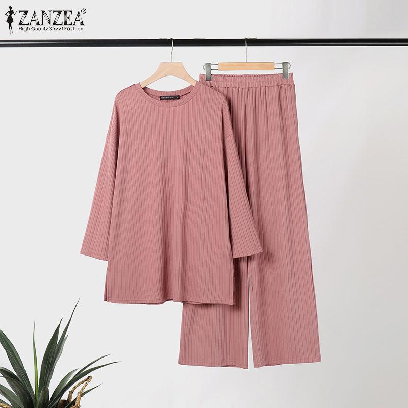 Product Introduction of Long Sleeve Blouse Wide Leg Pants Sets ZANZEA Women Matching Sets Solid Islamic Clothing Muslim Tracksuit Outifits 2PCS 16